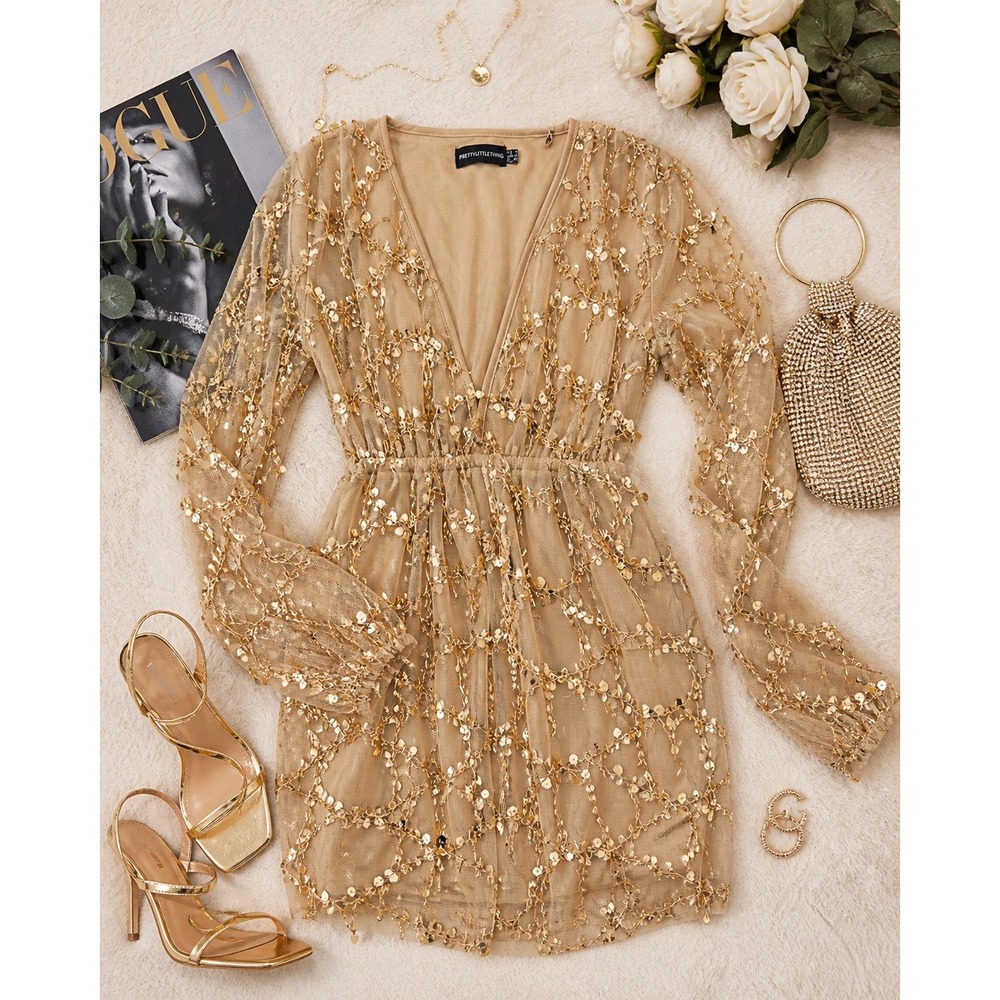 PrettyLittleThing Gold Sequin V Neck Balloon Sleeve Mini Dress Nude Size 2